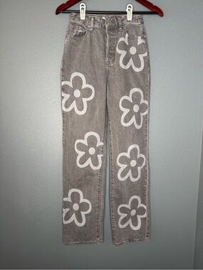 S.O.N.G 90s Boyfriend Gray Daisy Print Jeans Size 25 Y2K High Rise Cotton